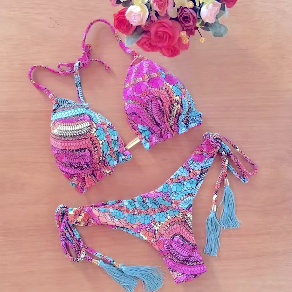 Tie-Back Floral Print Bikini Set in Pink & Blue